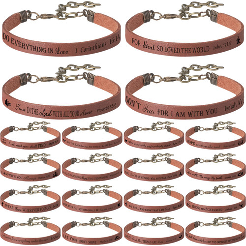 Jeyiour 20 Pieces Bible Verse Bracelets Bulk Christian Leather Bracelets, God Faith Scripture Quotes Bracelet, Inspirational Gifts Bible Bracelets Scripture for Office School Home Woman Man (Brown)