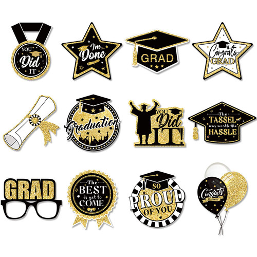 48 Pack 2023 Graduation Cutouts Congrats Grad Cap Stars Shaped Graduation Party Decorations Paper Graduation DIY Cut Outs for Grad Board Classroom Bulletin Centerpiece Table Supply Decor (Black Gold)
