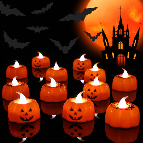 12 Pieces Halloween Pumpkin Tea Lights Candles with 24 Pieces Bat Stickers Flickering Ghost Face Candles Flameless Tea Lights Candles LED Battery Operated Tea Lights for Halloween Indoor Outdoor Decor