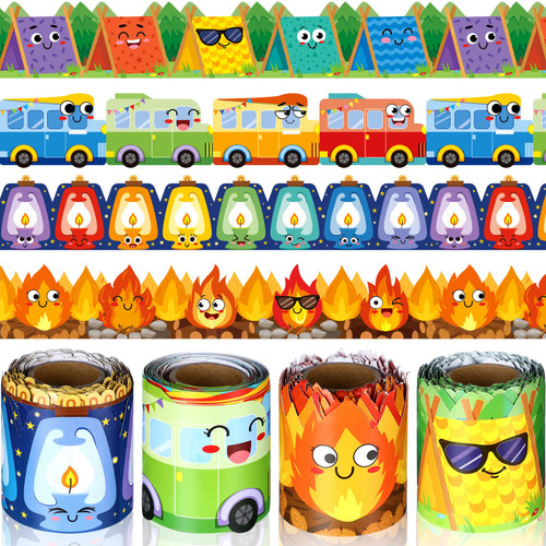 4 Rolls 131 Ft Camping Bulletin Board Borders Camping Decorations for Classroom Woodland Bulletin Board Trim Farmhouse Decorations for Preschool Classroom Chalkboard Door Windows (Camping Style)