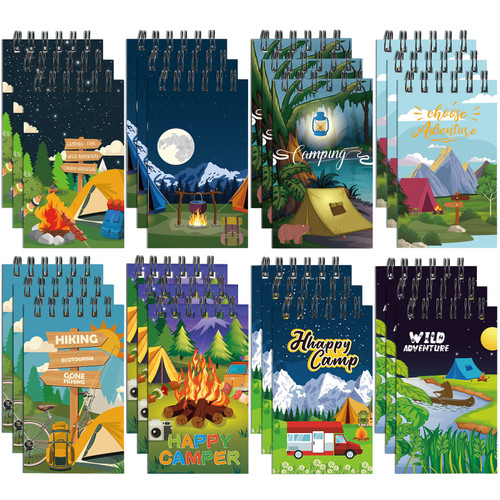 24 Pcs Mini Camp Adventure Theme Notepads for Kids Camping Party Favors Mini Multicolor Camping Pocket Spiral Notebooks 2.36 x 3.94 Inch Teacher Classroom Supplies for Boy Girl Birthday Party, 8 Style