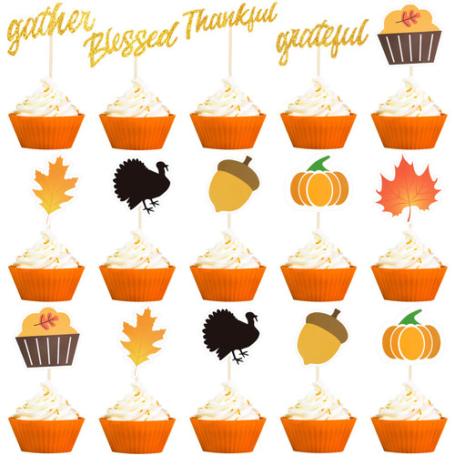 100 Pcs Thanksgiving Cupcake Toppers Fall Themed Cupcake Toppers Turkey Maple Leaf Pumpkin Thanksgiving Cake Picks Decoration for Thanksgiving Party Supplies Baking Decor