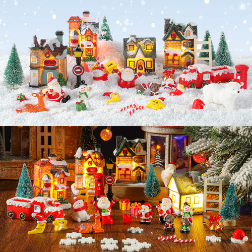 44 Pieces Christmas Light up Village Houses LED Lights Christmas Village Scene Display Tiny Resin Christmas Fairy Figurines Accessories Miniature Ornaments for Christmas Village Collection Table Decor