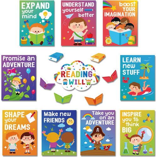 10 Pcs Classroom Reading Will Banner and Poster 11.8 x 9 Inch Classroom Reading Bulletin Board Growth Mindset Wall Decor for Reading Corner Preschool Elementary and Middle School Library Decor