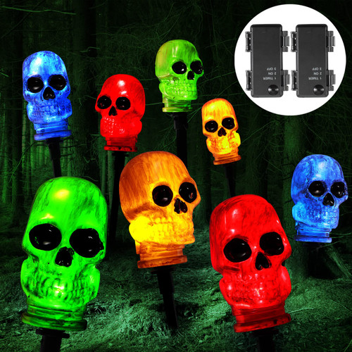 Halloween Decorations 3D Skull Stakes Light Led Outdoor Skeleton Lights Battery Operated Creepy Skull Halloween Lights for Halloween Outdoor Garden Yard Pathway Walkway Decorations (4 Pcs)
