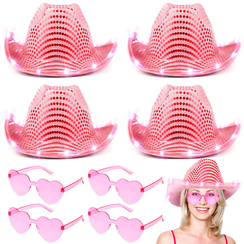 4 Packs LED Cowboy Hat Space Cowgirl Hat Pink Flashing Hat with 4 Pack Glasses Halloween Cowgirl Costume Accessories Fun Rodeo Party Hats and Goggles for Kids Girls and Women
