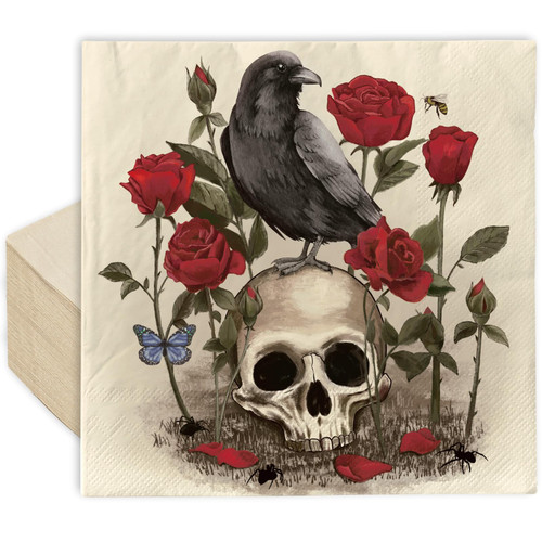 AnyDesign 80 Pack Halloween Paper Napkins 6.5 x 6.5 Inch Skull Rose Crow Napkins Vintage Disposable Luncheon Dinner Napkins for Halloween Birthday Party Celebration Gathering Supplies Table Decor