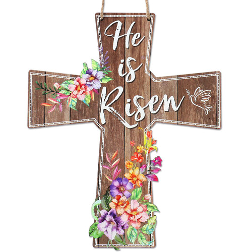 He is Risen Door Hanger Wooden Easter Door Sign Floral Printed Cross Door Sign Religious Easter Hanging Door Decorations for Wall Home Indoor Outdoor Spring Decor Supplies, 13.1x10.6 Inches