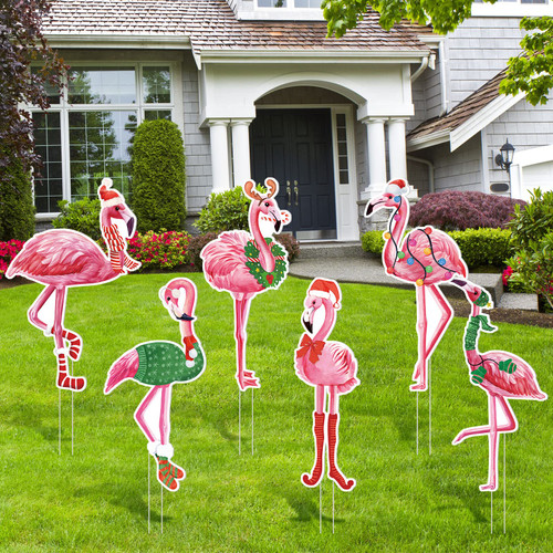 6 Pcs Pink Flamingo Yard Decorations Christmas Yard Sign Stakes Flamingo Decorations Large Christmas Yard Decorations Tropical Flamingo Christmas Yard Signs for Outdoor Indoor Xmas Party Lawn Garden