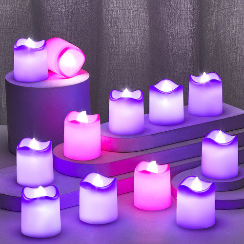 12 Pcs LED Flameless Advent Candles Set Advent LED Tea Light Candles with Batteries Purple and Pink Advent Votive Candles for Christmas Advent Rituals, Casting Chimes, Church Holiday Decoration