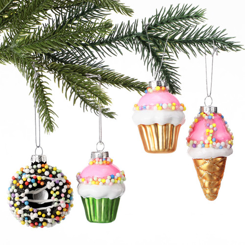 4 Pieces Christmas Desert Glass Blown Ornaments Christmas Cupcake Ice-Cream Donut Glass Ornaments Hanging Christmas Glass Blown Ornament Mini Dessert Glass Ornaments for Christmas Tree Party Decor