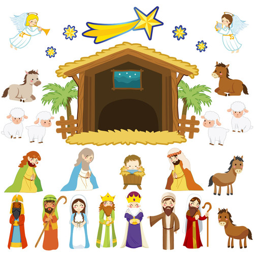 28 Pcs Christian Nativity Bulletin Board Set Nativity Bulletin Board Decorations Christmas Bulletin Board with Glue Point Dots Religious Nativity Scene Cutout for Classroom Bulletin Board Decor