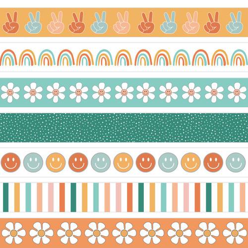 AnyDesign 80Ft Boho Bulletin Board Borders Colorful Boho Rainbow Flower Trim Borders Groovy Retro Bulletin Board Stickers for School Classroom Office Boho Party Decoration