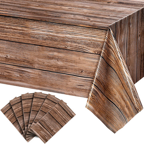 Natural Wood Grain Tablecloths Rustic Plastic Table Covers for Rectangle Table, Vintage Farmhouse Style Table Cloth Decorations for Western Barn Themed Birthday Wedding Party, 54 x 108 Inch (6 Packs)