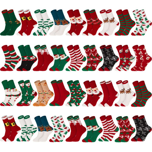 36 Pairs Christmas Fuzzy Socks Women Winter Warm Sock Bulk Xmas Snowman Fluffy Socks Xmas Gifts Holiday Novelty Colorful Patterns Santa Socks