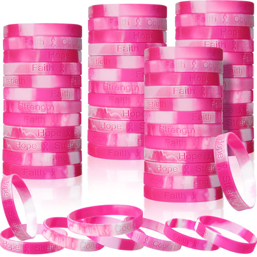 120 Pcs Breast Cancer Awareness Bracelets Pink Ribbon Camo Bracelets Silicone Breast Cancer Wristbands for Women Men Breast Cancer Support Party, Hope Strength Faith Courage