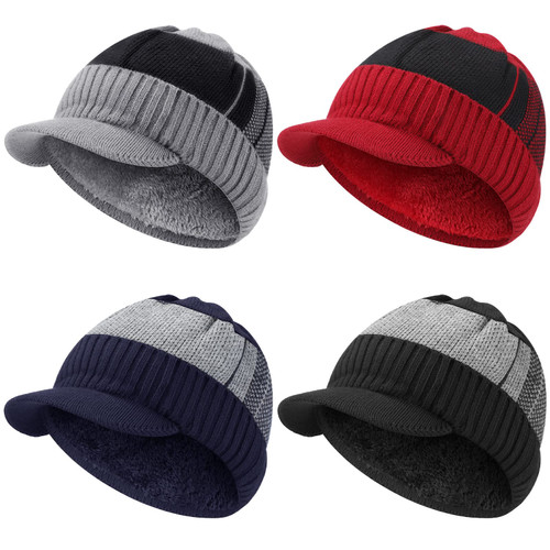 SATINIOR 4 Pieces Men's Winter Beanie Hats with Brim Thick Fleece Knit Hat Visor Beanie Cap Skull Ski Cap Slouchy Beanie Cap with Visor for Women and Men