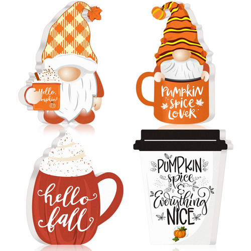 4 Pcs Thanksgiving Wooden Signs Fall Tiered Tray Decor Hello Fall Tabletop Decor Pumpkin Gnome Harvest Wood Block Sign for Home Kitchen Thanksgiving Day Table Centerpieces