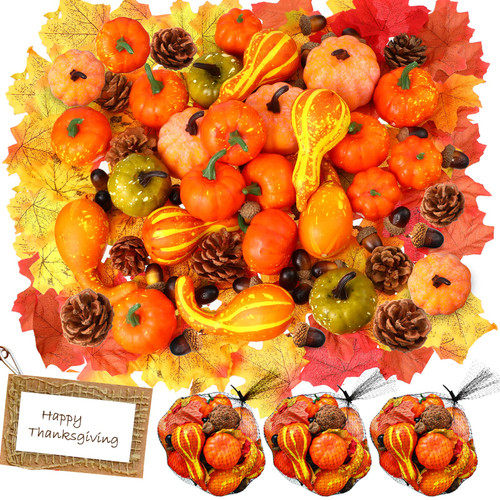 Janinka 150 Pcs Thanksgiving Artificial Pumpkins Decorations, Fall Foam Pumpkin and Gourd Fake Maple Leaves Pine Cones Acorns Fall Decor for Autumn Harvest Festival Party Table Centerpieces Supplies Janinka 150 Pcs Thanksgiving Artificial Pumpkins Decorations, Fall Foam Pumpkin and Gourd Fake Maple Leaves Pine Cones Acorns Fall Decor for Autumn Harvest Festival Party Table Centerpieces Supplies
