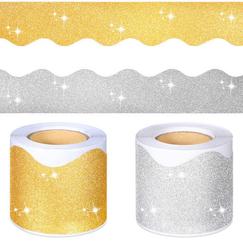 65 Feet Self Adhesive Bulletin Board Borders Glitter Scalloped Borders Trim Shine Glitter Bulletin Board Border Sticker Bulletin Border for Classroom School Decoration (Silver, Gold)