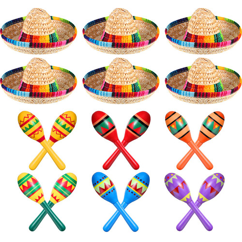 12 Pcs Wooden Fiesta Maracas Colorful Design Fiesta Maracas Mexican Favors and 6 Pcs Mini Sombrero Hats Mexican Hat for Mexican Fiesta Favors Supplies Carnivals