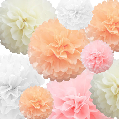 Tissue Paper Pom Poms Paper Flower 22 PCs Pink, Peach, White, Cream Paper Flower Ball for Birthday Bachelorette Wedding Baby Shower Bridal Shower Party Decoration by BRT Beaingshui