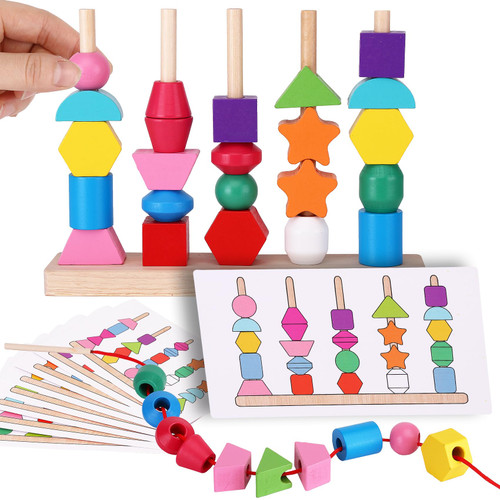 ZQFTZQ Montessori Bead Sequencing Toy Set,Lacing Beads&Stacking Blocks&Matching Shape Colors Stacker,Educational Toddler Toys for 3 4 5 Year Old,STEM Preschool Learning Fine Motor Skills Toys