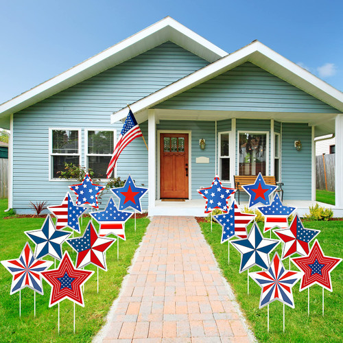 4th of July Yard Signs Patriotic Stars Yard Sign Independence Day Outdoor Pathway Decoration with Stakes Waterproof Corrugated Star Lawn Signs Independence Day Party Supplies, 8 Styles(16 Pieces)