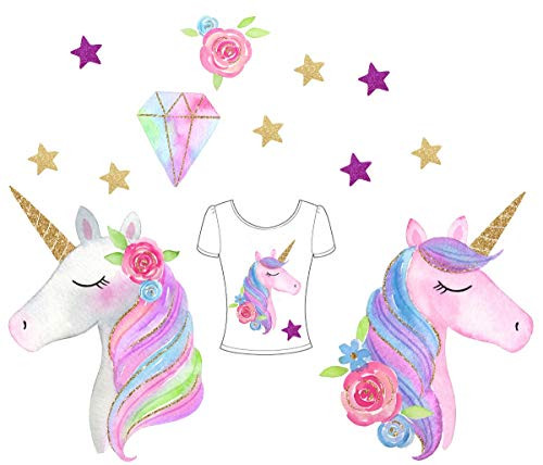 Unicorn Iron On Heat Transfer Diamond Iron Transfer Patches Glitter Heat Transfer Patches Flowers&Star Patches Clothes Patch Appliques Decorate T-Shirt Bag