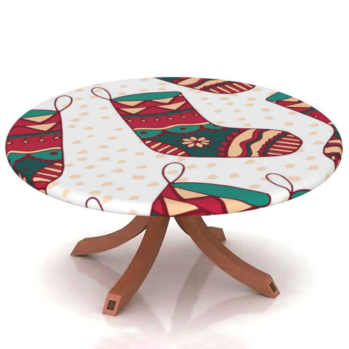 Christmas Round Fitted Tablecloth Elastic Edge,for 36" to 44" Round Tables,vintage christmas stocking Pattern,Suitable for festival holiday celebrate party Table round Tables Decoration,multicolor
