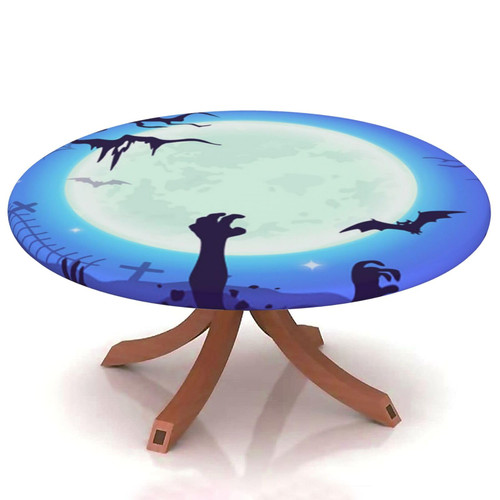 halloween Round Fitted Tablecloth Elastic Edge,for 36" to 44" Round Tables,Festival Moon Silhouette Pattern,Suitable for festival holiday celebrate party Can Wipe Dining round Table coverr,Blue Purple