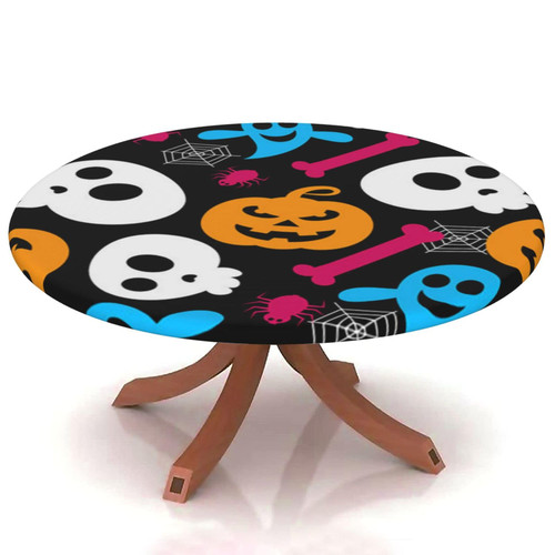 Yaofuren Halloween Round Table Cover Elastic Edge,for 69" to 74" Round Tables,Pumpkin Animal Background Pattern,Can Wipe Indoor/Outdoor Dining Table coverr Festival Holiday Celebrate Party,Multi