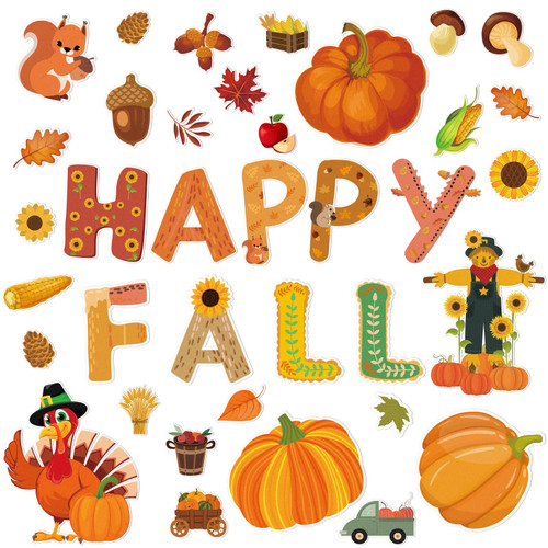 ADXCO 148 Pieces Fall Bulletin Board Decorations with Glue Point Assorted Thanksgiving Bulletin Board Decorations Turkey, Pumpkin, Maple Leaves Cutouts for Fall, Thanksgiving Party Decoration