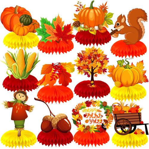 12 Pieces Fall Honeycomb Centerpieces Fall Party Decoration Fall Paper Table Decorations Centerpieces Fall Thanksgiving Party 3D Honeycomb Decorations for Thanksgiving Harvest Happy Fall Party Favors Table Decors