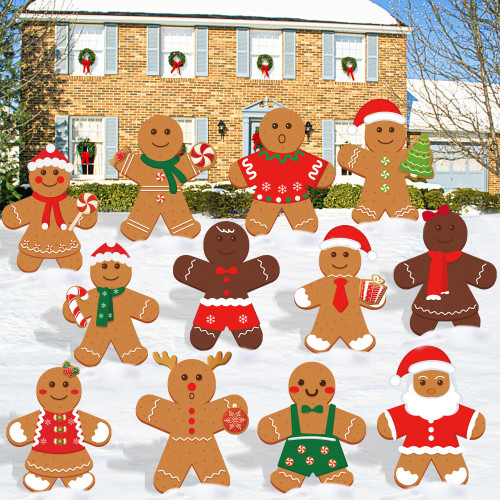 12 PCS Christmas Gingerbread Yard Sign Outdoor Gingerbread Lawn Signs with Stakes Assorted Gingerbread Grass Sign Xmas Patio Decorations for Christmas Party Holiday Garden Decorations
