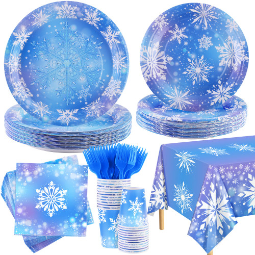 durony 145 Pieces Frozen Birthday Party Supplies Disposable Tableware Winter Snowflake Paper Plates Napkins Cups Forks Tablecloth for Christmas Winter Wonderland Frozen Party Decorations