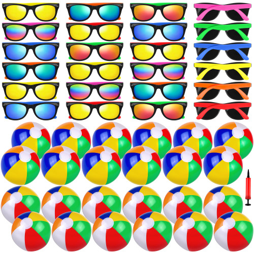 Tounature 48 Pieces Beach Pool Party Favors Include 24 Kids Neon Rivet Sunglasses Bulk and 24 Inflatable Beach Balls 12 Inch for Beach Pool Party Supplies, Summer Water Games Toys