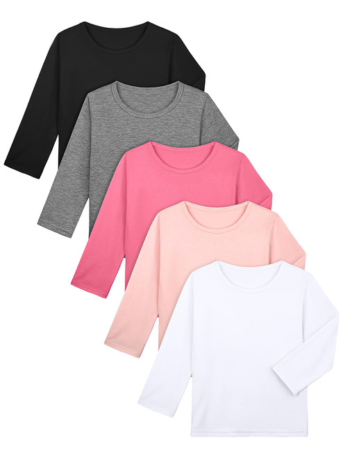 Cooraby 5 Pack Girls' Long Sleeve Tees Kids T-Shirts Soft Toddler Girls Crewneck T-Shirts