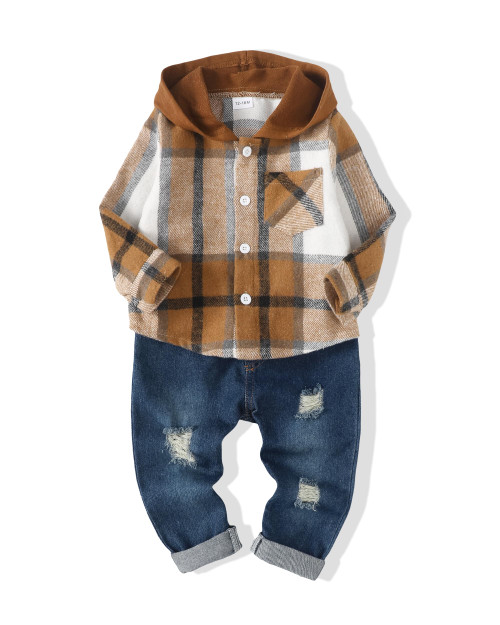 XUANHAO 12 Month Boy Clothes Winter 18 Months Outfits For Boys Long Sleeve Hoodie Plaid Tops Denim Jeans Pants Fall Baby Boy Clothes 12-18 Months Brown