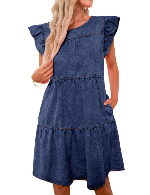 luvamia Ruffle Sleeve Babydoll Dress for Women Jean Dresses for Women Denim Plus Size Summer Dresses Plus Size Casual Dresses for Women Denim Dresses Reef Blue Size XX-Large Fits Size 20 / Size 22