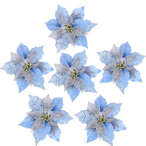 Louiesya Pack of 6 Glitter Artificial Wedding Christmas Flowers Glitter Poinsettia Christmas Tree Ornaments Dia 9 Inch (Blue)
