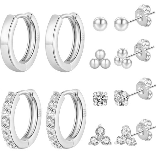 6 Pairs Sterling Silver Stud Earrings for Women Hypoallergenic Small Hoop Earrings Cubic Zirconia Silver Huggie Hoop Earrings Set Silver Tiny Cartilage Hoops 925 Sterling Silver Earrings Set for Women Girls