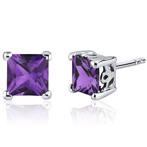 Peora Amethyst Stud Earrings 925 Sterling Silver, Solitaire Scroll Gallery, 2 Carats Total, Princess Cut, 6mm, Friction Back