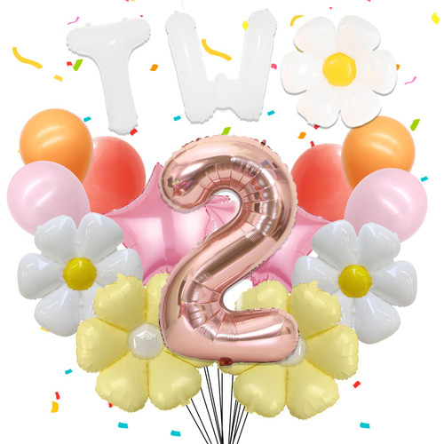 Cheerdecor Two Groovy Party Decorations - 16PCS Groovy 2nd Birthday Balloons Daisy Balloon Decorations Star Daisy Balloon Set Boho Pink Orange Two Groovy Balloons Birthday Decorations Supplies Girls