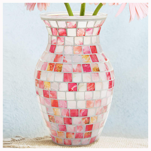 SHMILMH Pink Vase for Flowers, Handmade Mosaic Glass Vase for Artificial Bouquet Flower, Small Colorful Decorative Vase for Table Centerpiece Room Decor, 8"