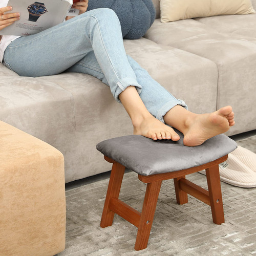 HOUCHICS Foot Stool Ottoman, Foot Stool Small, Foot Stool Under Desk, Wood Foot Stool for Living Room and Kitchen (Walnut Legs-Gray Cover)