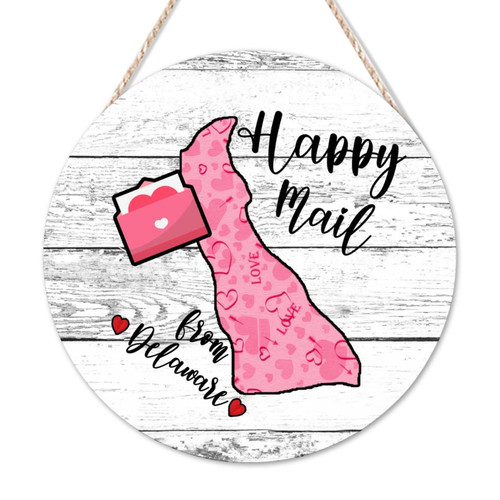 Arupkeer Welcome Sign Happy Mail from Delaware Round Wooden Sign Rustic Pink Heart Map Silhouette Sign Heart Warming Wood Decor Farmhouse Wall Hanging Plaque for Home Laundry Room Bedroom 12x12in