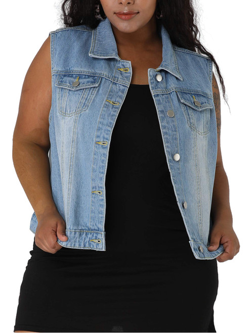 uxcell Women's Plus Size Buttons Denim Vest with Two Chest Flap Pockets Jackets 2023 3X Sky Blue