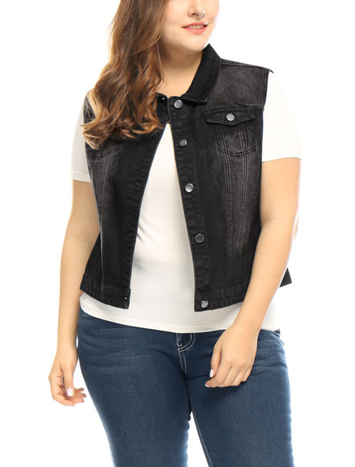uxcell Women's Plus Size Buttons Denim Vest with Two Chest Flap Pockets Jackets 2023 4X Black