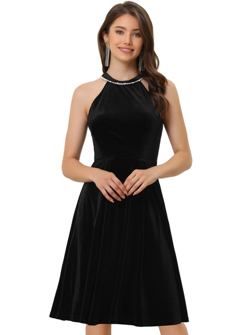 Allegra K Halter Dresses for Women Formal Velvet Pearl Sleeveless Cocktail Dresses Medium Black Allegra K Halter Dresses for Women Formal Velvet Pearl Sleeveless Cocktail Dresses Medium Black
